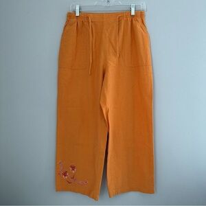 Vintage Mureli 90s orange embroidered summer flip flop cotton wide leg pants